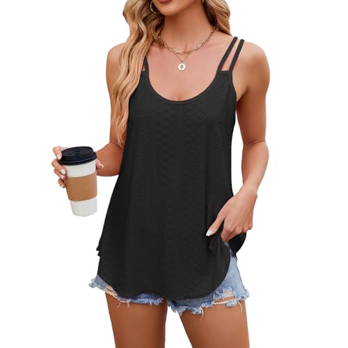Bipily Damen Tank Top Sommer Spaghetti Oberteile Ärmellose Rundhals Shirt Träger Blusen Einfarbig Tops(schwarz,S) von Bipily