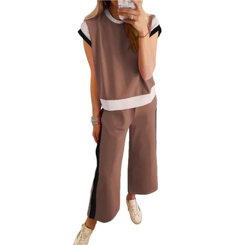 Bipily Damen Tracksuit Sommer Farbblock Zweiteiler Freizeitanzug Hausanzug Kurzarm Pullover Tops und Lange Hose Lounge Set Freizeit Outfit von Bipily