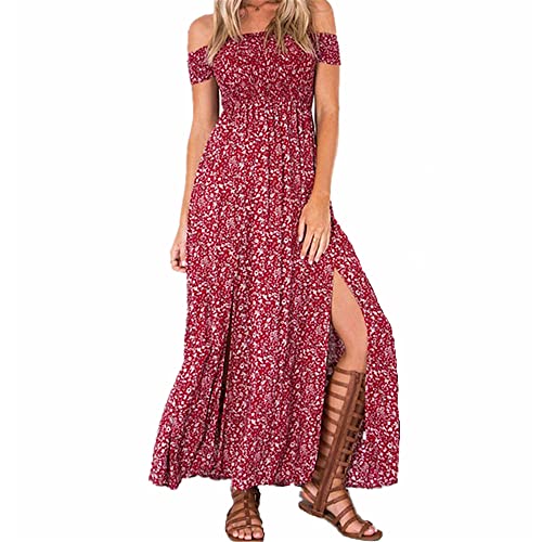 Bipily Kleider Damen Sommer Off Shoulder Maxikleider für Damen Kleider Lose Kleid Lange Mit Schlitz Partykleider Strandmode Cocktailkleid von Bipily