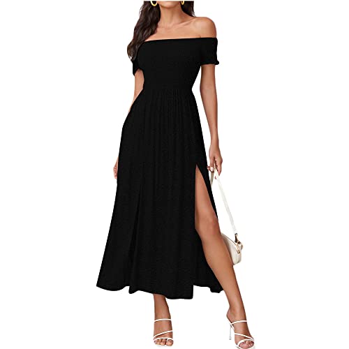 Bipily Kleider Damen Sommer Off Shoulder Maxikleider für Damen Kleider Lose Kleid Lange Mit Schlitz Partykleider Strandmode Cocktailkleid von Bipily