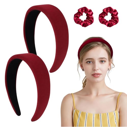 2 Stück Haarreif Weinrot, Haarreif mit Stoff Gepolstertes, 2cm Breit Samt Haarreifen Damen, Modisches Retro Rutschfestes Haarband, mit 2 Elastisches Haargummi, Mädchen Frauen für Elegant Haarschmuck von Bipl