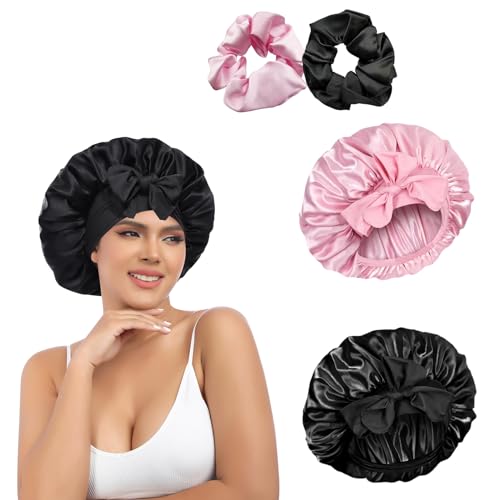 2 Stück Seidenhaube, Schlafhaube Seide, Verstellbar Satin Haarhaube, Silk Bonnet Sleep Cap, Damen Mädchen Atmungsaktive Schlafkappe Duschhauben, mit 2 Stück Satin Haargummis,für Verschiedene Haartypen von Bipl