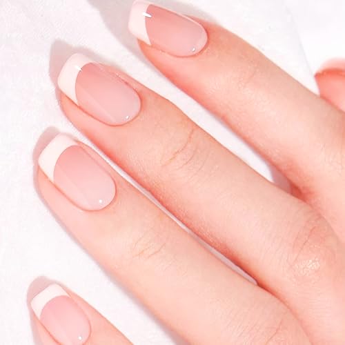 24 Stück Künstliche Fingernägel, Kurze Quadratische False Nägel, Press On Nails French Tips, Nude Natürlich French Fake Nails, Nägel zum Aufkleben Kurz Eckig, für Frauen und Mädchen Art Maniküre von Bipl