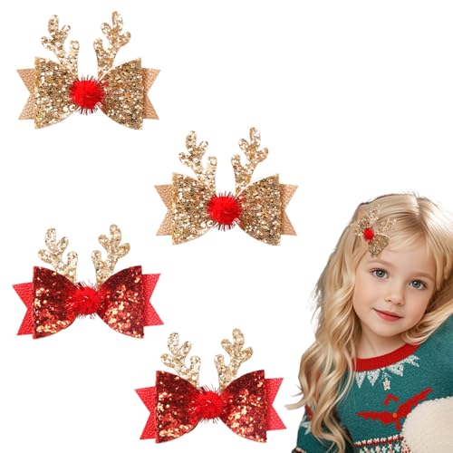4 Stück Haarspangen Haarschmuck Weihnachten, Glitzer Fliege Haarnadeln, Gold/Rot Rentier Weihnachtshaarschmuck, Kinder Erwachsene Mädchen für Weihnachts Party Accessoires von Bipl