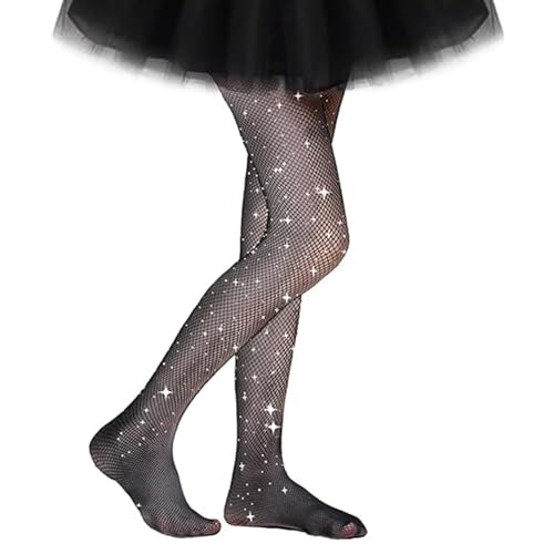 Bipl Strumpfhose Kinder, Netzstrumpfhose Glitzer Schwarz, Oberschenkel Hohe Glitzer Strumpfhose, Glitzernde Strasssteinen Mädchen Netzstrumpfhose, für Kinder Tanzstrumpfhosen 4-13 Jahre von Bipl