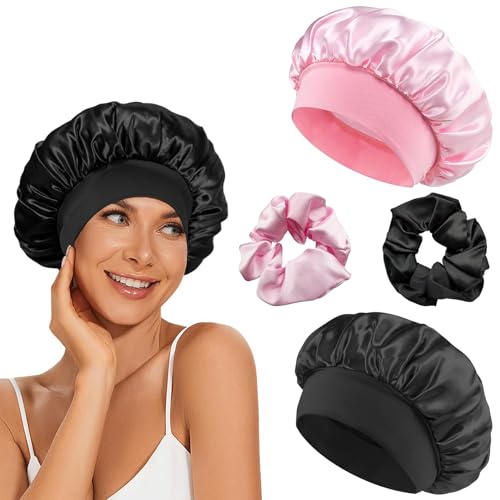 Schlafhaube Seide, 2 Stück Seidenhaube, Verstellbar Satin Haarhaube, Silk Bonnet Sleep Cap, Damen Mädchen Atmungsaktive Schlafkappe Duschhauben, mit 2 Stück Satin Haargummis,für Verschiedene Haartypen von Bipl