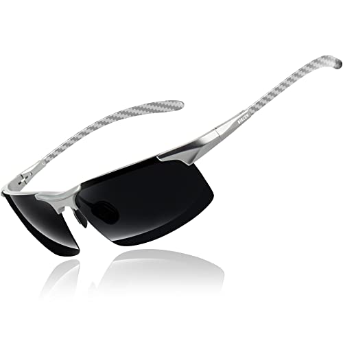 Bircenpro Sonnenbrille Für Herren Polarisiert: UV Schutz Kohlefaser Temple Sonnenbrille Für Sport und Fahren (H-Silver Frame Black Lens) von Bircenpro