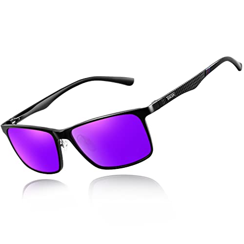 Bircenpro klassische Sonnenbrille für Herren Polarisiert: UV Schutz Modische Sonnenbrille zum Fahren und Angeln mit Metall-Al-Mg-Rahmen (H- Black Frame Purple Lens) von Bircenpro