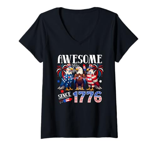 Damen Awesome Since 1776 4th Of July US Flag Three Cute Eagles T-Shirt mit V-Ausschnitt Damen Awesome Since 1776 4th Of July US Flag Three Cute Eagles T-Shirt mit V-Ausschnitt von Bird 4th Of July Costume