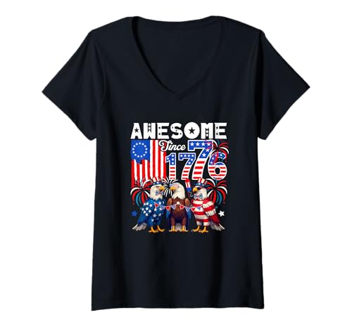Damen Awesome Since 1776 Three Cute Eagles 4th Of July US Flag T-Shirt mit V-Ausschnitt Damen Awesome Since 1776 Three Cute Eagles 4th Of July US Flag T-Shirt mit V-Ausschnitt von Bird 4th Of July Costume