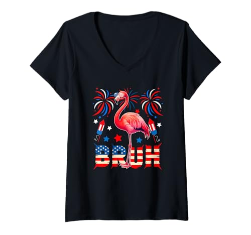 Damen Flamingo Sonnenbrille US-Flagge 4. Juli Feuerwerk Patriotisch T-Shirt mit V-Ausschnitt Damen Flamingo Sonnenbrille US-Flagge 4. Juli Feuerwerk Patriotisch T-Shirt mit V-Ausschnitt von Bird 4th Of July Costume