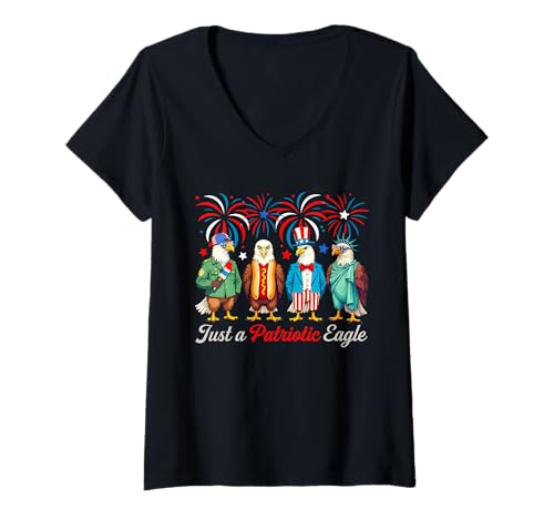 Damen Just A Patriotic Eagle 4th July Group Eagles Cosplay Hotdog T-Shirt mit V-Ausschnitt Damen Just A Patriotic Eagle 4th July Group Eagles Cosplay Hotdog T-Shirt mit V-Ausschnitt von Bird 4th Of July Costume
