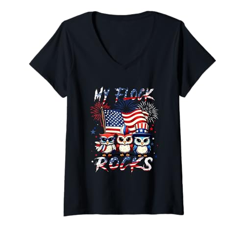 Damen My Flock Funny Rocks Three Cute Owls 4th July US Flag T-Shirt mit V-Ausschnitt Damen My Flock Funny Rocks Three Cute Owls 4th July US Flag T-Shirt mit V-Ausschnitt von Bird 4th Of July Costume