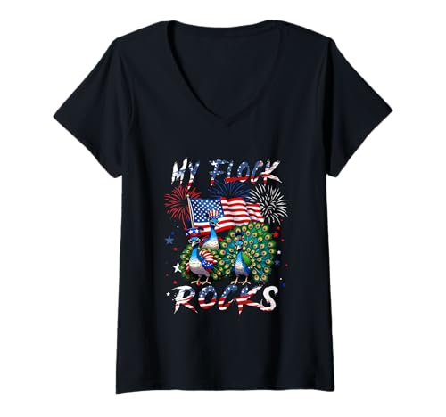 Damen My Flock Funny Rocks Three Cute Peacocks 4th July US Flag T-Shirt mit V-Ausschnitt Damen My Flock Funny Rocks Three Cute Peacocks 4th July US Flag T-Shirt mit V-Ausschnitt von Bird 4th Of July Costume