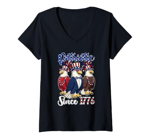 Damen Patriotic Since 1776 4th Of July US Flag Three Cute Eagles T-Shirt mit V-Ausschnitt von Bird 4th Of July Costume