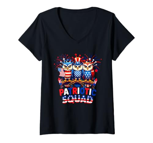 Damen Patriotic Squad 3 niedliche Eulen 4. Juli US-Flagge T-Shirt mit V-Ausschnitt Damen Patriotic Squad 3 niedliche Eulen 4. Juli US-Flagge T-Shirt mit V-Ausschnitt von Bird 4th Of July Costume