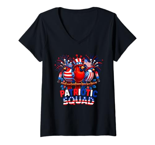 Damen Patriotic Squad Three Cute Cardinal Birds 4th Juli US Flag T-Shirt mit V-Ausschnitt Damen Patriotic Squad Three Cute Cardinal Birds 4th Juli US Flag T-Shirt mit V-Ausschnitt von Bird 4th Of July Costume