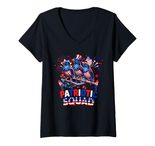 Damen Patriotic Squad Three Cute Starlings 4. Juli US-Flagge T-Shirt mit V-Ausschnitt Damen Patriotic Squad Three Cute Starlings 4. Juli US-Flagge T-Shirt mit V-Ausschnitt von Bird 4th Of July Costume