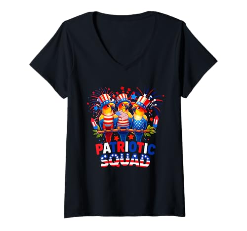 Damen Patriotic Squad Three Cute Sun Conures 4. Juli US-Flagge T-Shirt mit V-Ausschnitt von Bird 4th Of July Costume