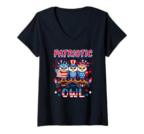 Damen Patriotische Eule, drei niedliche Vögel, 4. Juli, US-Flagge T-Shirt mit V-Ausschnitt Damen Patriotische Eule, drei niedliche Vögel, 4. Juli, US-Flagge T-Shirt mit V-Ausschnitt von Bird 4th Of July Costume