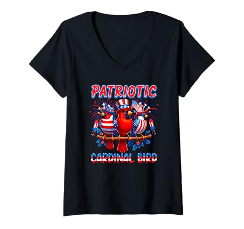 Damen Patriotische Kardinalvögel, drei niedliche Vögel, 4. Juli, US-Flagge T-Shirt mit V-Ausschnitt Damen Patriotische Kardinalvögel, drei niedliche Vögel, 4. Juli, US-Flagge T-Shirt mit V-Ausschnitt von Bird 4th Of July Costume