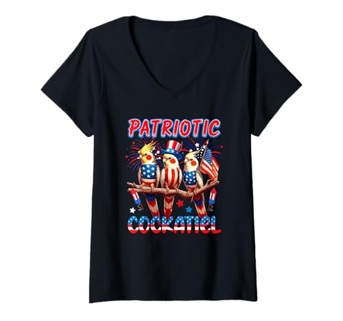 Damen Patriotische Nymphensittiche, drei niedliche Vögel, 4. Juli, US-Flagge T-Shirt mit V-Ausschnitt Damen Patriotische Nymphensittiche, drei niedliche Vögel, 4. Juli, US-Flagge T-Shirt mit V-Ausschnitt von Bird 4th Of July Costume