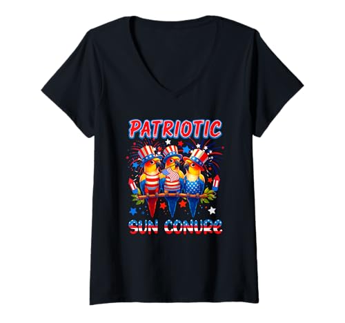 Damen Patriotische Sun Conure Three Cute Birds 4. Juli US-Flagge T-Shirt mit V-Ausschnitt Damen Patriotische Sun Conure Three Cute Birds 4. Juli US-Flagge T-Shirt mit V-Ausschnitt von Bird 4th Of July Costume