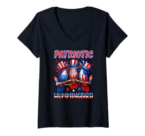 Damen Patriotischer Kolibri, drei niedliche Vögel, 4. Juli, US-Flagge T-Shirt mit V-Ausschnitt Damen Patriotischer Kolibri, drei niedliche Vögel, 4. Juli, US-Flagge T-Shirt mit V-Ausschnitt von Bird 4th Of July Costume