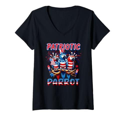 Damen Patriotischer Papagei mit drei niedlichen Vögeln 4. Juli US-Flagge T-Shirt mit V-Ausschnitt Damen Patriotischer Papagei mit drei niedlichen Vögeln 4. Juli US-Flagge T-Shirt mit V-Ausschnitt von Bird 4th Of July Costume