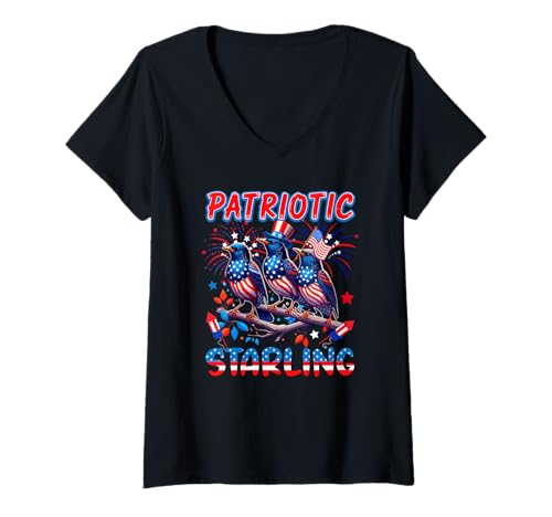 Damen Patriotischer Starling Three Cute Birds 4. Juli US-Flagge T-Shirt mit V-Ausschnitt Damen Patriotischer Starling Three Cute Birds 4. Juli US-Flagge T-Shirt mit V-Ausschnitt von Bird 4th Of July Costume