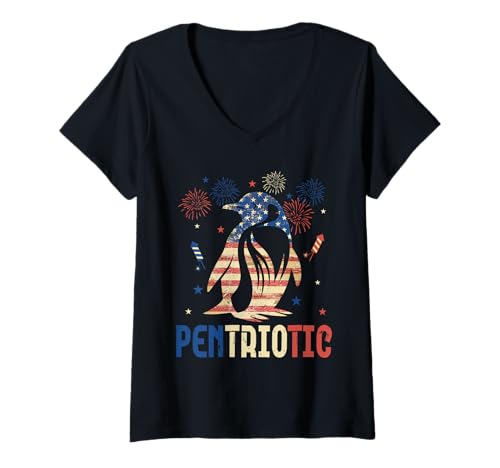 Damen Pentriotic Funny Joke Penguin 4th Of July US Flag Patriotic T-Shirt mit V-Ausschnitt Damen Pentriotic Funny Joke Penguin 4th Of July US Flag Patriotic T-Shirt mit V-Ausschnitt von Bird 4th Of July Costume