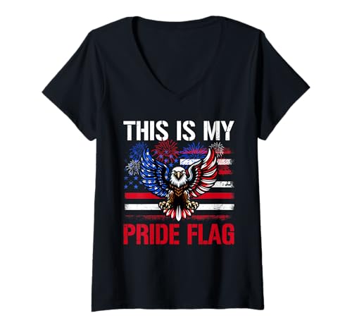 Damen Pride Flag 4th July US Flag Eagle Sunglasses Patriotic T-Shirt mit V-Ausschnitt Damen Pride Flag 4th July US Flag Eagle Sunglasses Patriotic T-Shirt mit V-Ausschnitt von Bird 4th Of July Costume