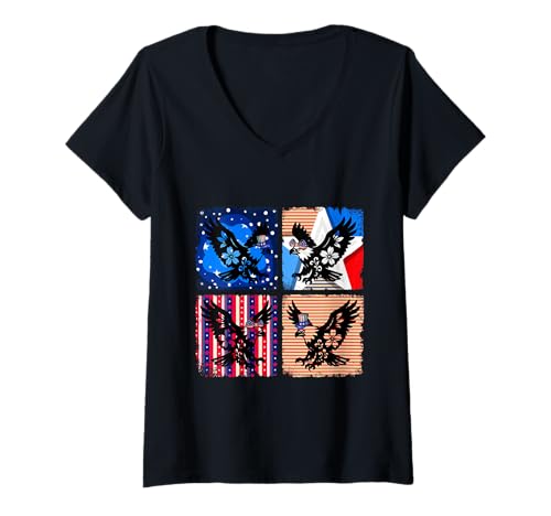 Damen Red Blue White Group Floral Eagles 4th Of July US Flag T-Shirt mit V-Ausschnitt Damen Red Blue White Group Floral Eagles 4th Of July US Flag T-Shirt mit V-Ausschnitt von Bird 4th Of July Costume