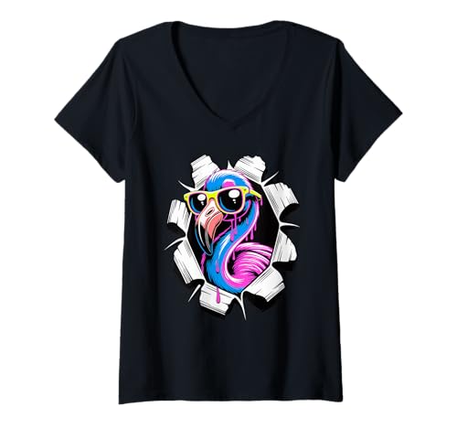 Damen Gerissener Papiereffekt Flamingo Sonnenbrille Flamingos T-Shirt mit V-Ausschnitt Damen Gerissener Papiereffekt Flamingo Sonnenbrille Flamingos T-Shirt mit V-Ausschnitt von Bird Animal Lover Gifts