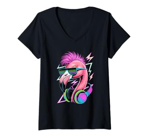 Damen Punk Ära Stil Flamingo Sonnenbrille Flamingos T-Shirt mit V-Ausschnitt Damen Punk Ära Stil Flamingo Sonnenbrille Flamingos T-Shirt mit V-Ausschnitt von Bird Animal Lover Gifts