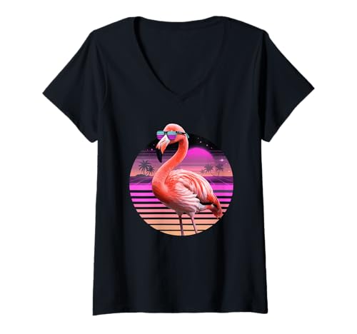Damen Retro Synthwave Flamingo Sonnenbrille Flamingos T-Shirt mit V-Ausschnitt Damen Retro Synthwave Flamingo Sonnenbrille Flamingos T-Shirt mit V-Ausschnitt von Bird Animal Lover Gifts