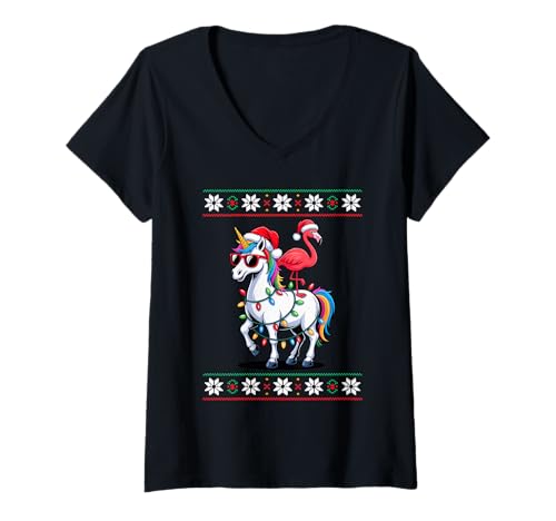 Damen Weihnachten Flamingo Einhorn Sonnenbrille Flamingos T-Shirt mit V-Ausschnitt von Bird Animal Lover Gifts