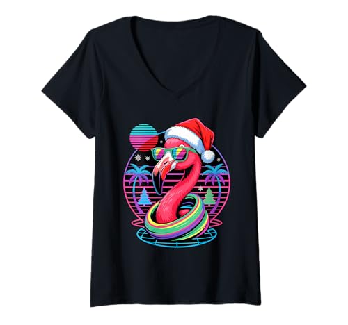 Damen Weihnachten Synthwave Flamingo Sonnenbrille Flamingos T-Shirt mit V-Ausschnitt Damen Weihnachten Synthwave Flamingo Sonnenbrille Flamingos T-Shirt mit V-Ausschnitt von Bird Animal Lover Gifts