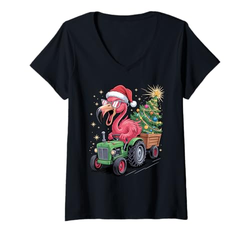 Damen Weihnachtsbaum Traktor Flamingo Sonnenbrille Flamingos T-Shirt mit V-Ausschnitt von Bird Animal Lover Gifts