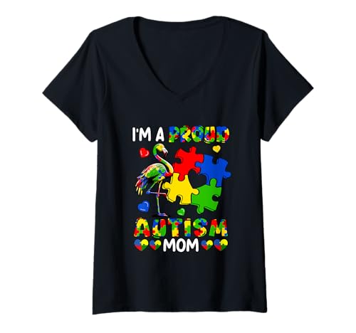 Damen I'm A Proud Autism Mom Awareness Puzzle Ribbon Flamingo T-Shirt mit V-Ausschnitt Damen I'm A Proud Autism Mom Awareness Puzzle Ribbon Flamingo T-Shirt mit V-Ausschnitt von Bird Autism Syndrome Awareness Costume
