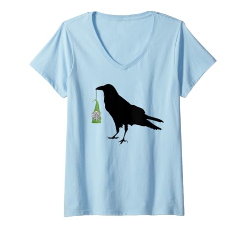 Damen Amsel mit grüner Zwerg Krähe und irischem Zwerg T-Shirt mit V-Ausschnitt von Bird Birder & Birding Apparel Company