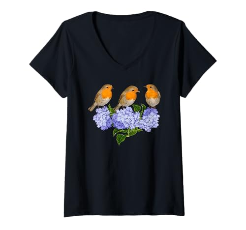 Damen Rotkehlchen Vögel & Hortensien Blumen Rotkehlchen Ornithologie T-Shirt mit V-Ausschnitt von Bird Birder & Birding Apparel Company