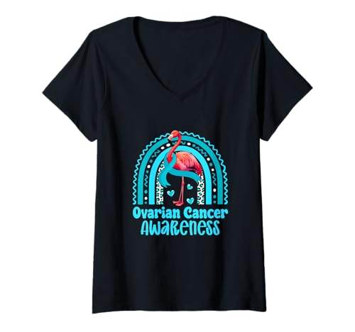 Damen Ovarian Cancer Awareness Ribbon Flamingo Leopard Rainbow T-Shirt mit V-Ausschnitt Damen Ovarian Cancer Awareness Ribbon Flamingo Leopard Rainbow T-Shirt mit V-Ausschnitt von Bird Cancer Awareness Costume