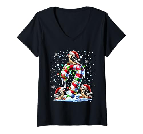 Damen Three Santa Woodpeckers On Candy Cane Christmas Kids Toddler T-Shirt mit V-Ausschnitt von Bird Christmas Costume