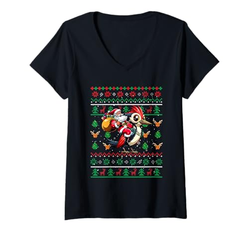Damen Weihnachtsmann reitender Specht Weihnachtspullover Vogelliebhaber Kinder T-Shirt mit V-Ausschnitt von Bird Christmas Costume