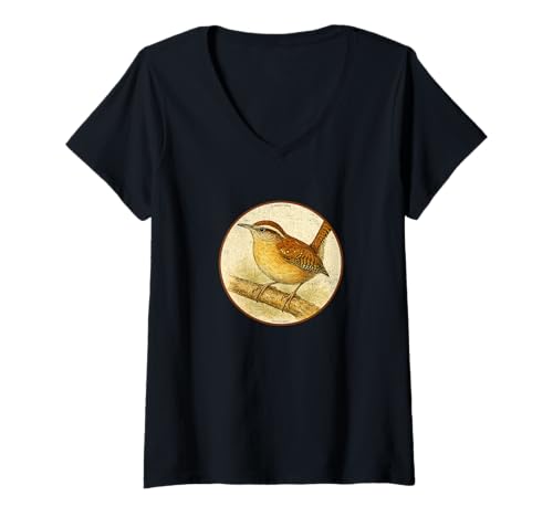 Damen Buntes Retro-Carolina-Zaunkönig-Vogel-Design T-Shirt mit V-Ausschnitt Damen Buntes Retro-Carolina-Zaunkönig-Vogel-Design T-Shirt mit V-Ausschnitt von Bird Fan