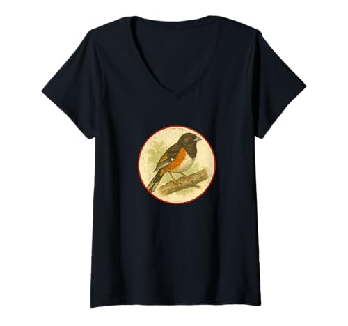 Damen Buntes Retro-Vogel-Design mit östlichem Towhee-Vogel-Design T-Shirt mit V-Ausschnitt Damen Buntes Retro-Vogel-Design mit östlichem Towhee-Vogel-Design T-Shirt mit V-Ausschnitt von Bird Fan