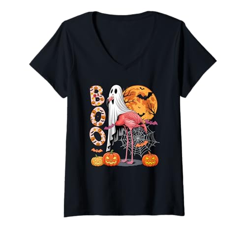 Damen Boo Cute Flamingo Cosplay Ghosts Halloween Carved Pumpkins T-Shirt mit V-Ausschnitt von Bird Halloween Costume