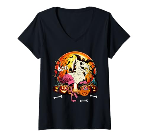 Damen Boo Halloween Flamingo Cosplay Ghost Horror Carved Pumpkins T-Shirt mit V-Ausschnitt von Bird Halloween Costume