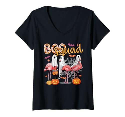 Damen Boo Squad Three Cute Flamingos Cosplay Ghosts Halloween Bird T-Shirt mit V-Ausschnitt Damen Boo Squad Three Cute Flamingos Cosplay Ghosts Halloween Bird T-Shirt mit V-Ausschnitt von Bird Halloween Costume